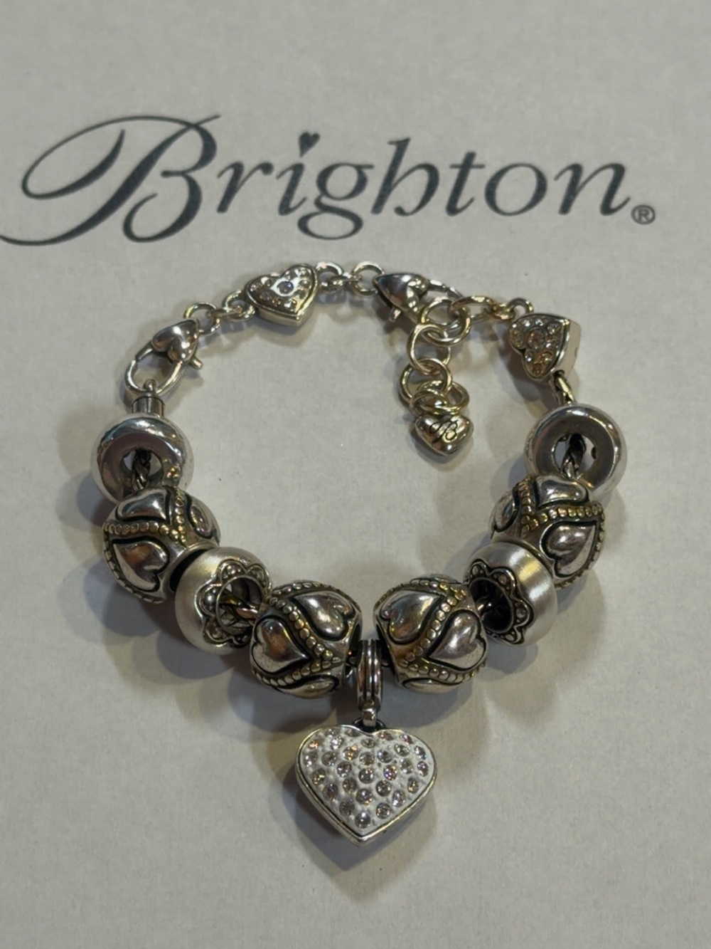 🤍 BRIGHTON SLVR SWAROVSKI CRYSTAL Heart Charm Bracelet!